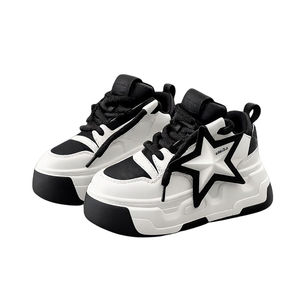 SoftSlipsy Star Platform Sneakers Chunky Black White Sneakers Height Boost Fashion Shoes