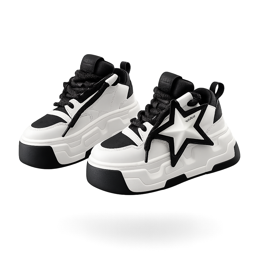 SoftSlipsy Star Platform Sneakers Chunky Black White Sneakers Height Boost Fashion Shoes