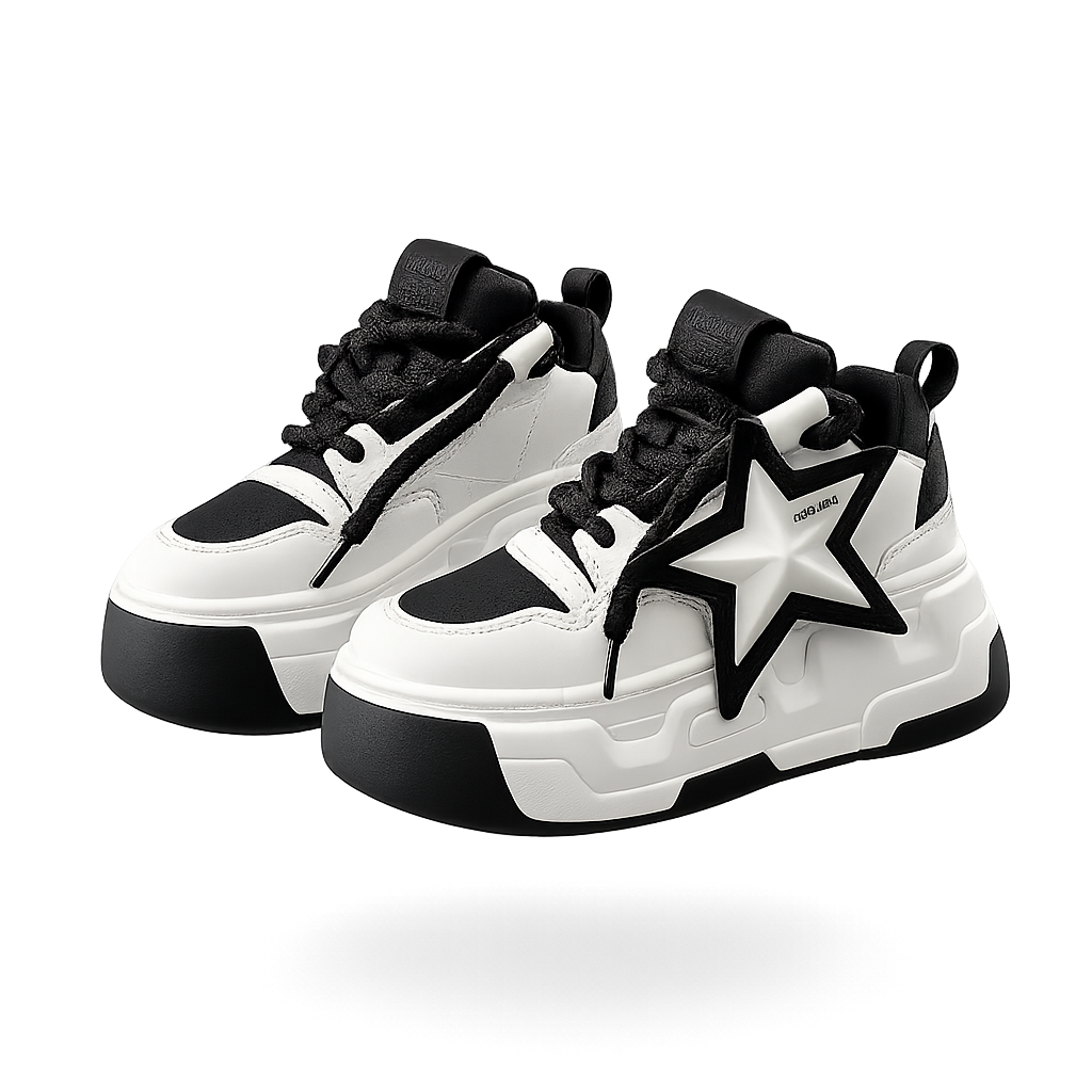 SoftSlipsy Star Platform Sneakers Chunky Black White Sneakers Height Boost Fashion Shoes