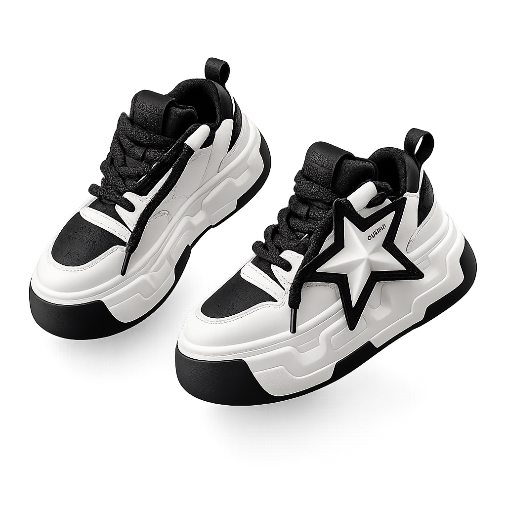 SoftSlipsy Star Platform Sneakers Chunky Black White Sneakers Height Boost Fashion Shoes