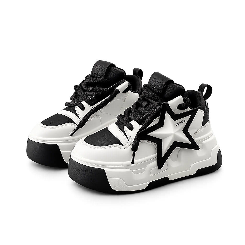 SoftSlipsy Star Platform Sneakers Chunky Black White Sneakers Height Boost Fashion Shoes