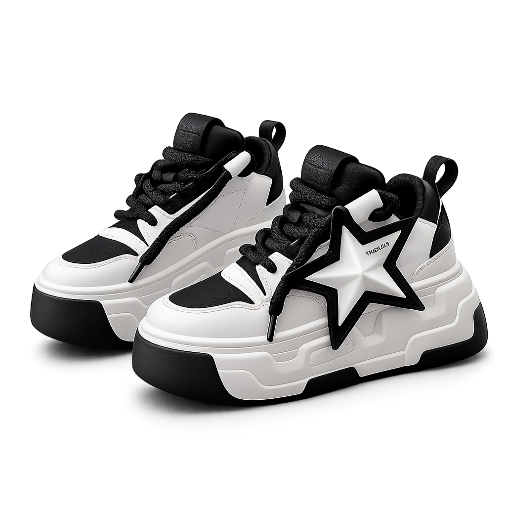SoftSlipsy Star Platform Sneakers Chunky Black White Sneakers Height Boost Fashion Shoes