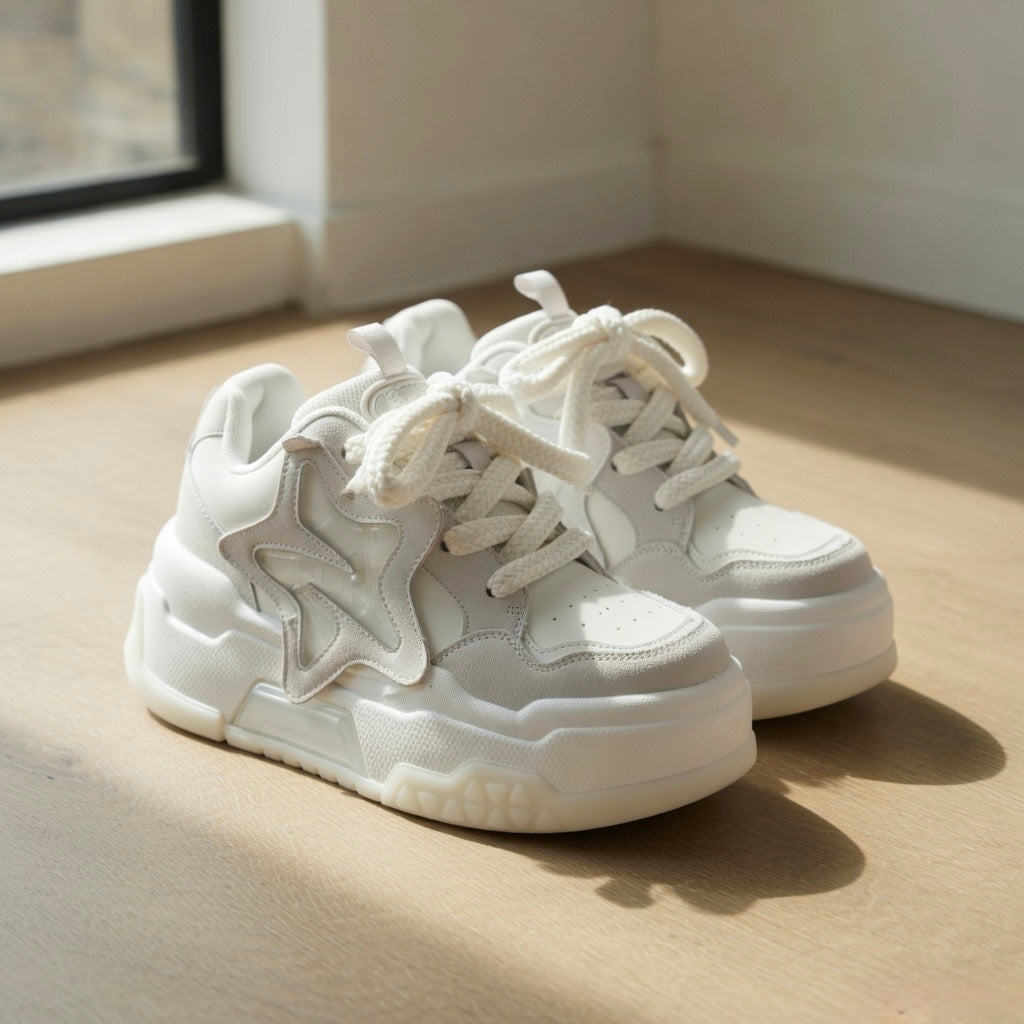 SoftSlipsy Star Platform Sneakers – White Chunky Y2K Streetwear Shoes – Height Boost Casual Trainers