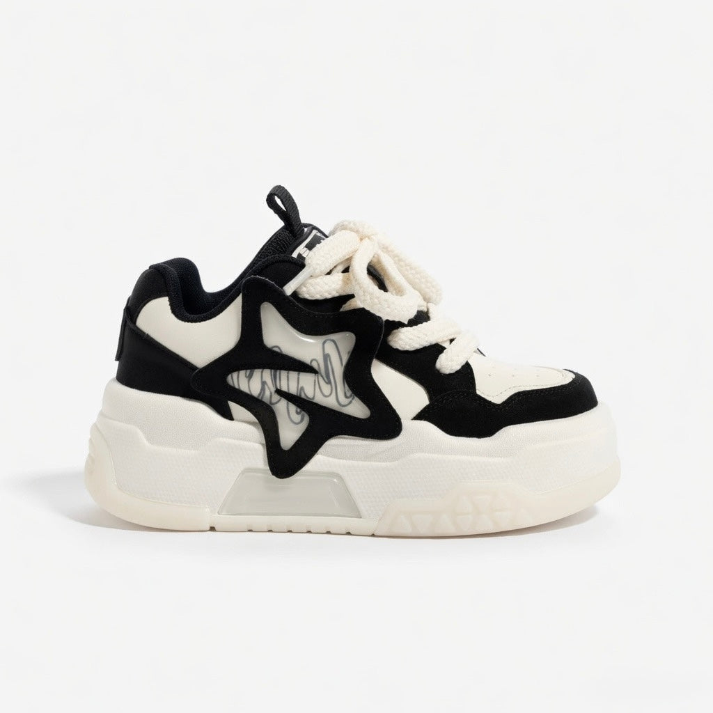 SoftSlipsy Star Platform Sneakers – Black & White Chunky Y2K Streetwear Shoes – Height Boost Casual Trainers
