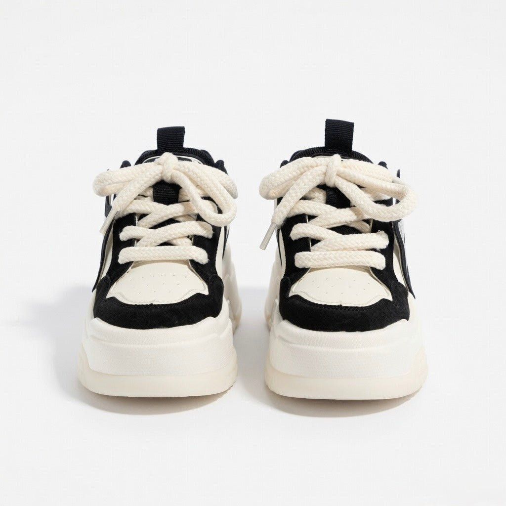 SoftSlipsy Star Platform Sneakers – Black & White Chunky Y2K Streetwear Shoes – Height Boost Casual Trainers