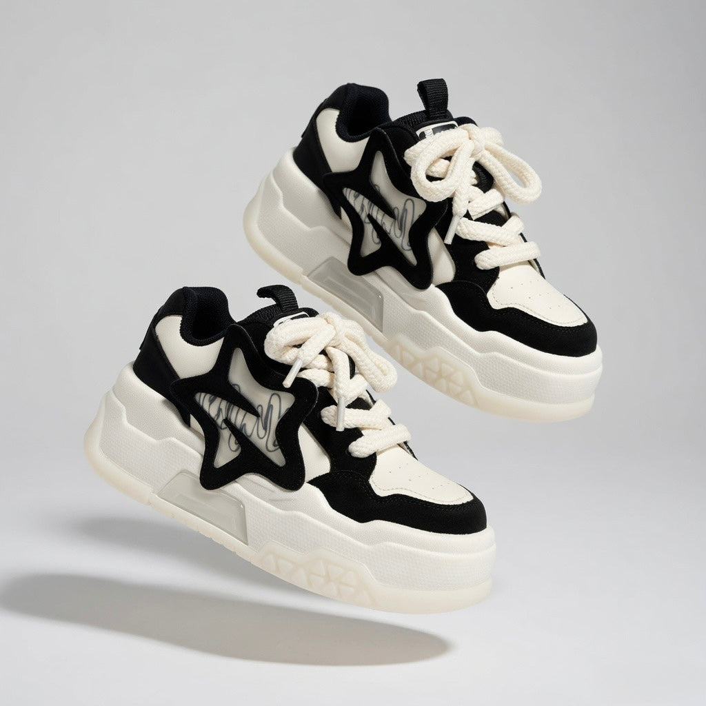 SoftSlipsy Star Platform Sneakers – Black & White Chunky Y2K Streetwear Shoes – Height Boost Casual Trainers