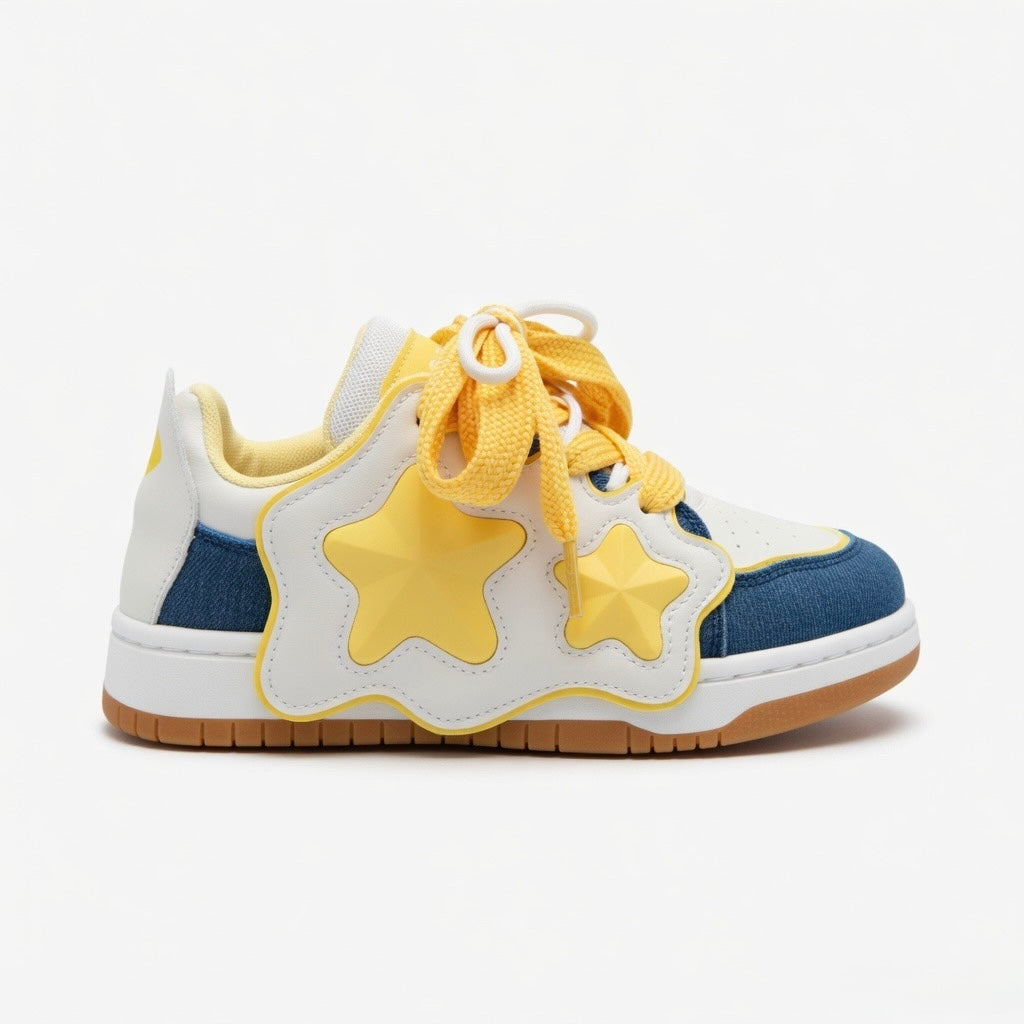 SoftSlipsy Yellow Star Sneakers – Casual Y2K Streetwear Shoes – Denim Panel Trainers