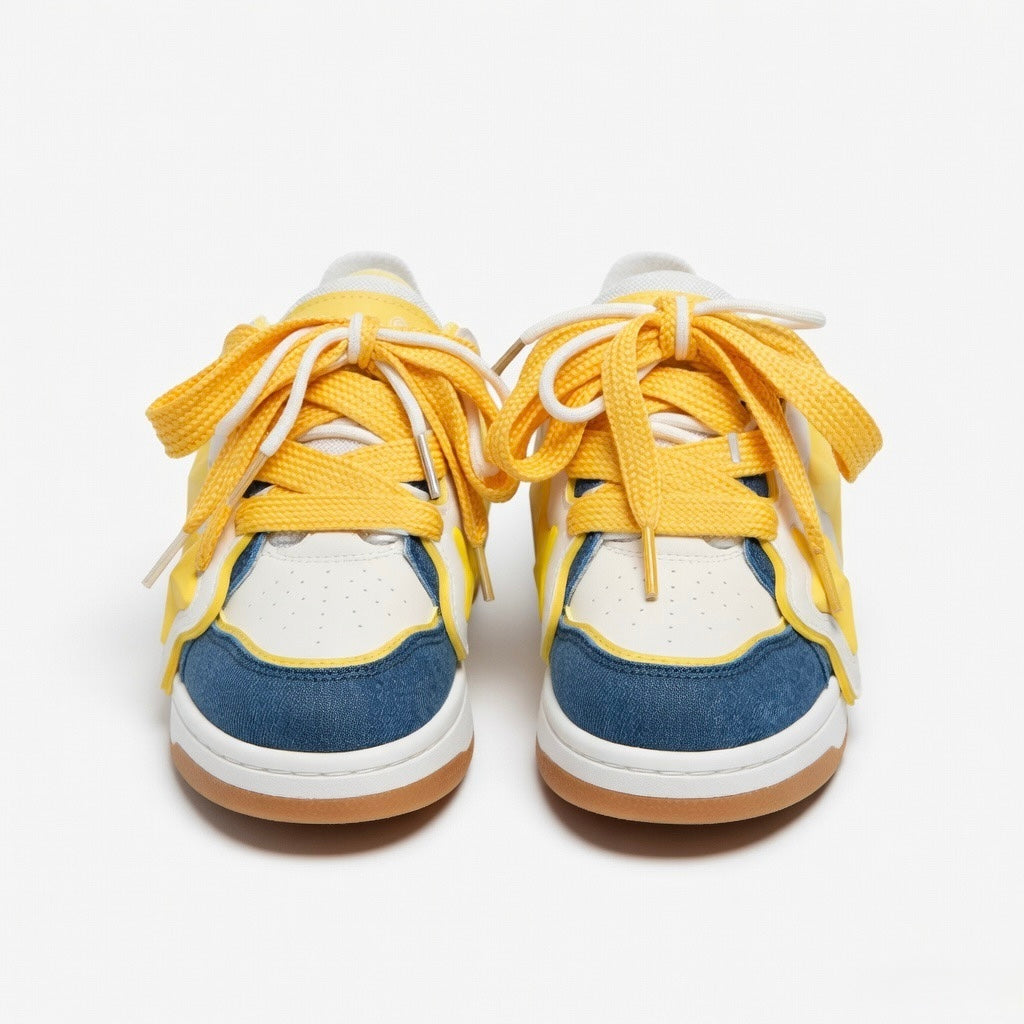 SoftSlipsy Yellow Star Sneakers – Casual Y2K Streetwear Shoes – Denim Panel Trainers