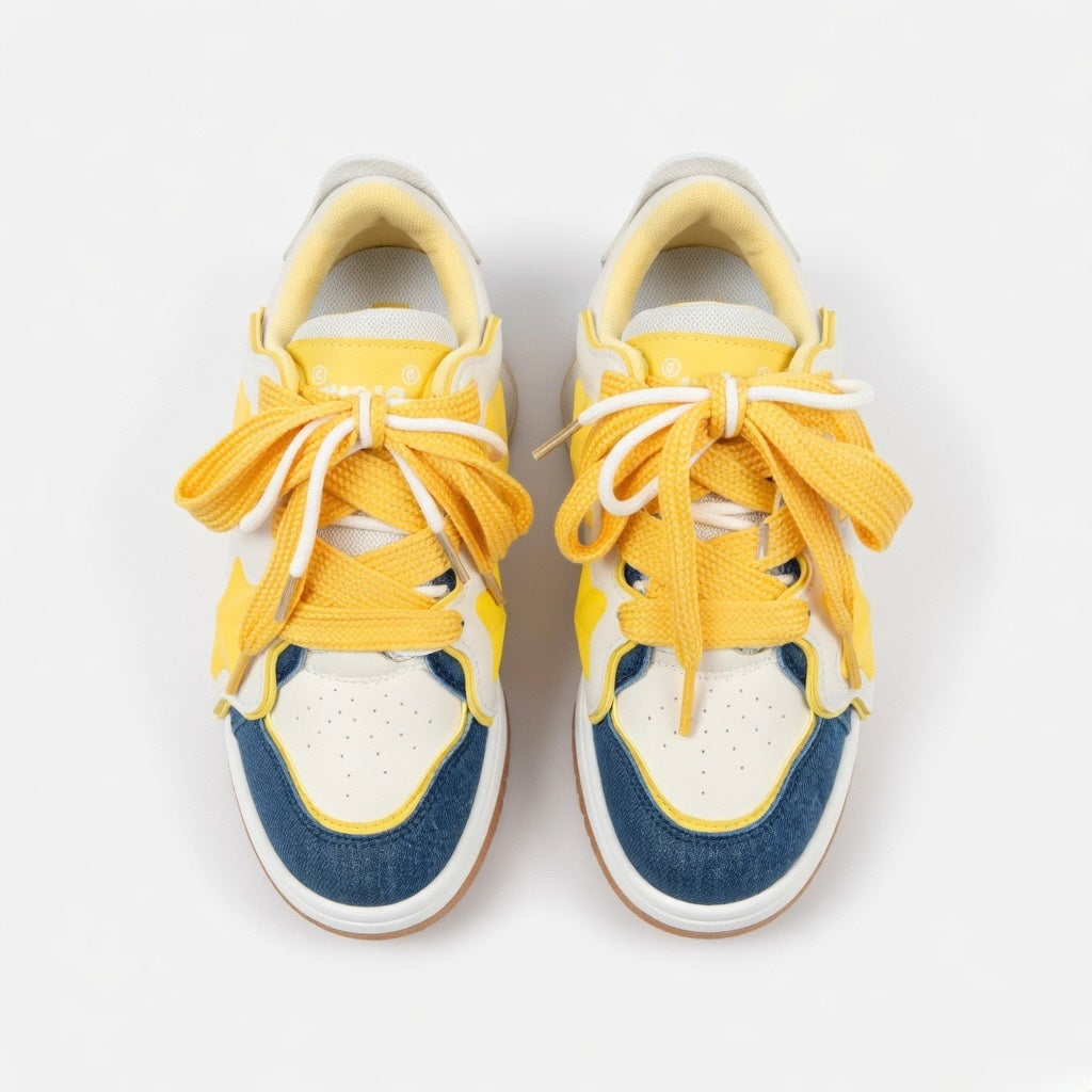 SoftSlipsy Yellow Star Sneakers – Casual Y2K Streetwear Shoes – Denim Panel Trainers