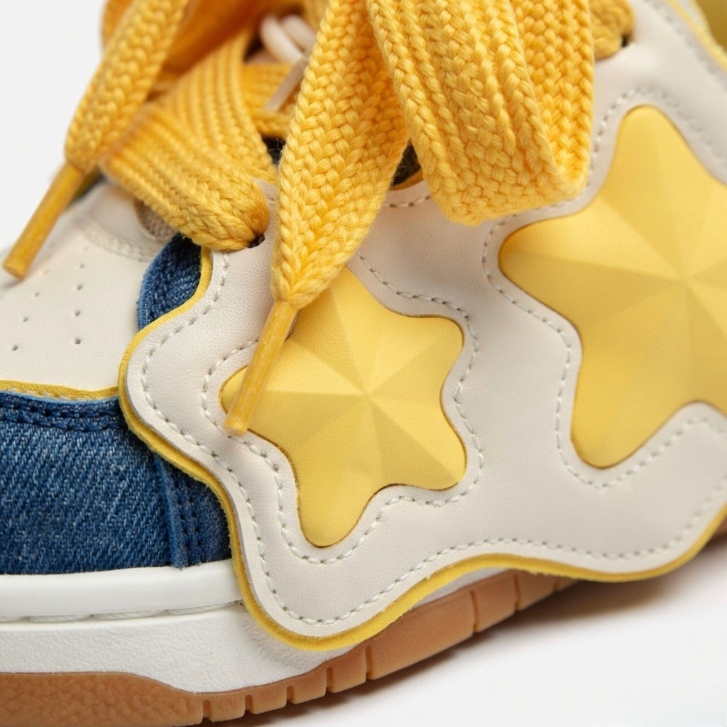 SoftSlipsy Yellow Star Sneakers – Casual Y2K Streetwear Shoes – Denim Panel Trainers