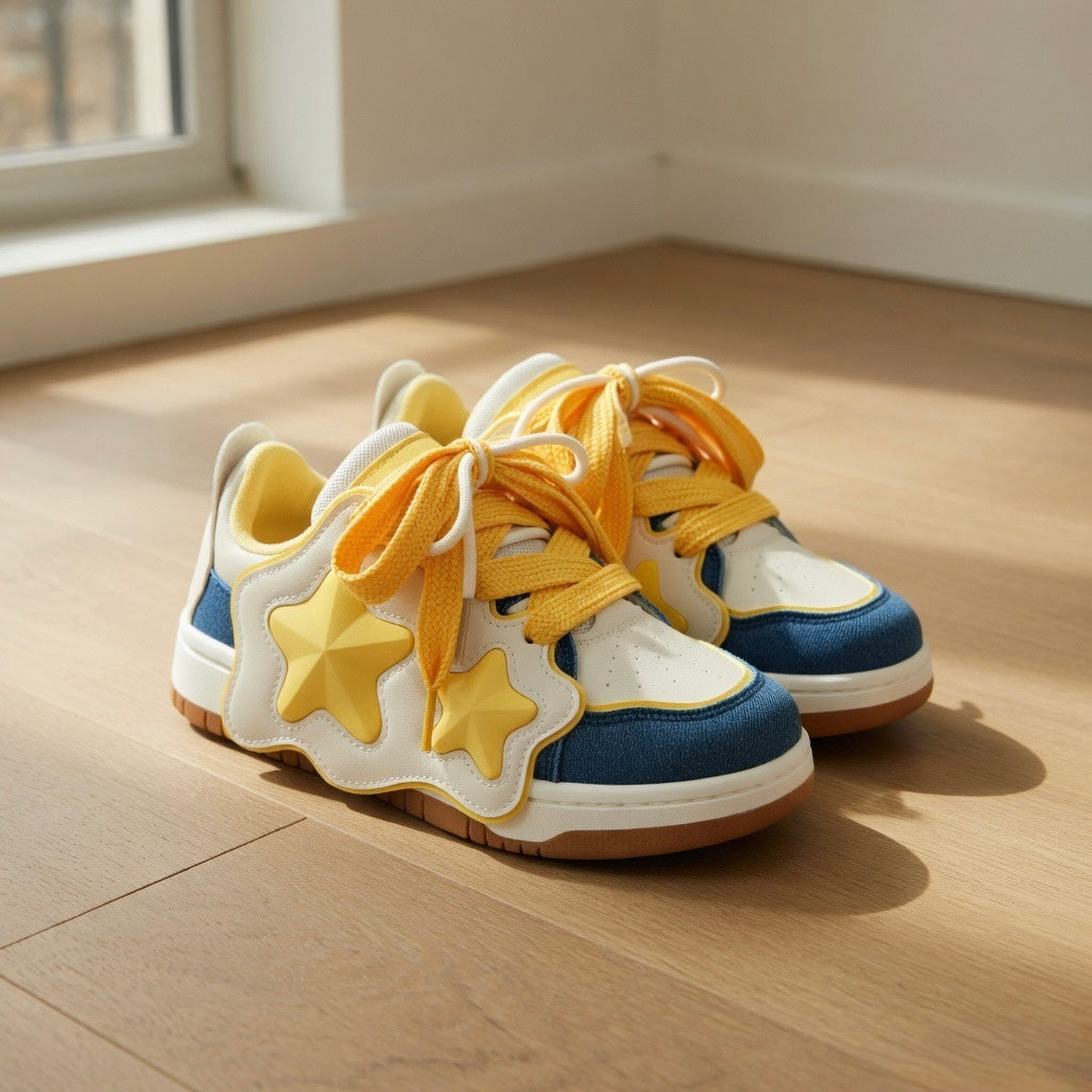 SoftSlipsy Yellow Star Sneakers – Casual Y2K Streetwear Shoes – Denim Panel Trainers