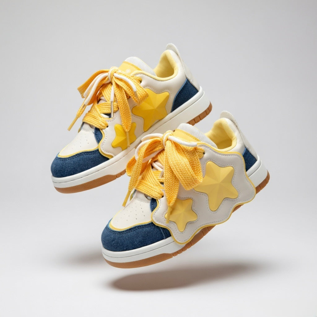 SoftSlipsy Yellow Star Sneakers – Casual Y2K Streetwear Shoes – Denim Panel Trainers