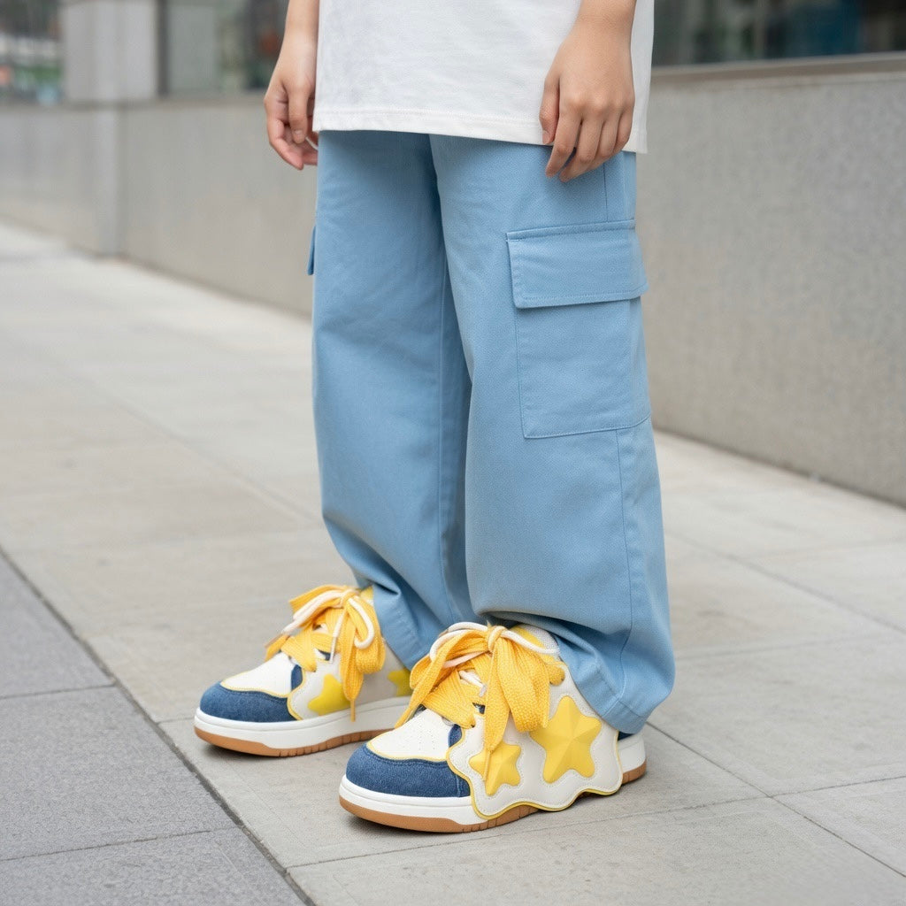 SoftSlipsy Yellow Star Sneakers – Casual Y2K Streetwear Shoes – Denim Panel Trainers