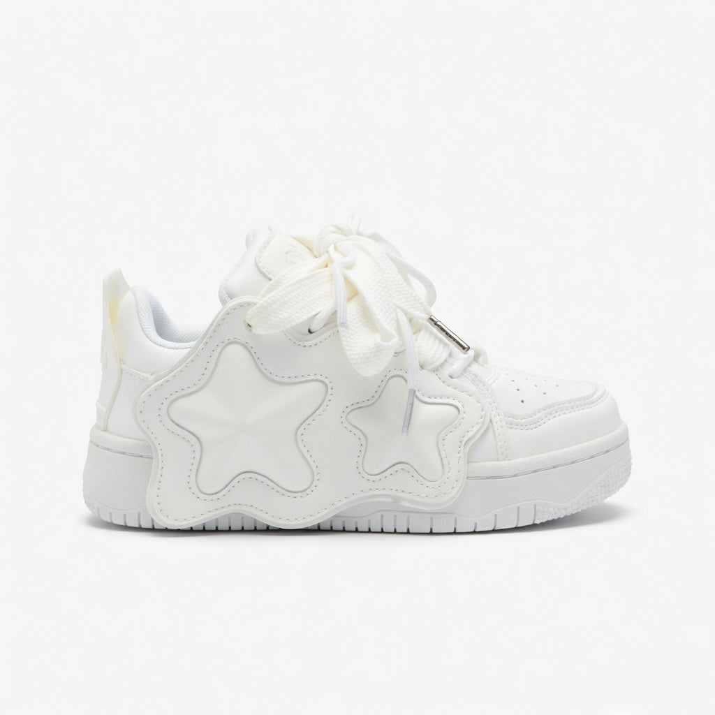 SoftSlipsy All White Star Sneakers – Minimal Y2K Streetwear Shoes – Clean Casual Trainers