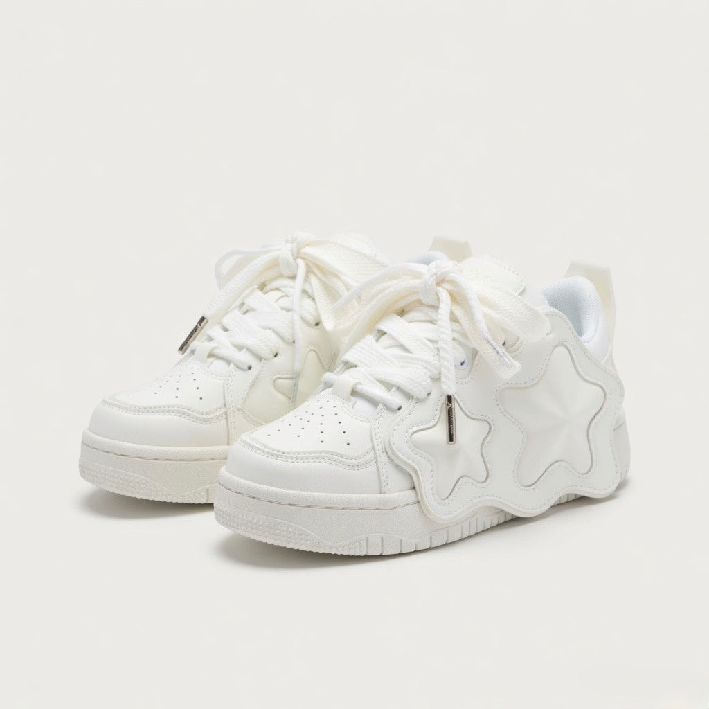 SoftSlipsy All White Star Sneakers – Minimal Y2K Streetwear Shoes – Clean Casual Trainers