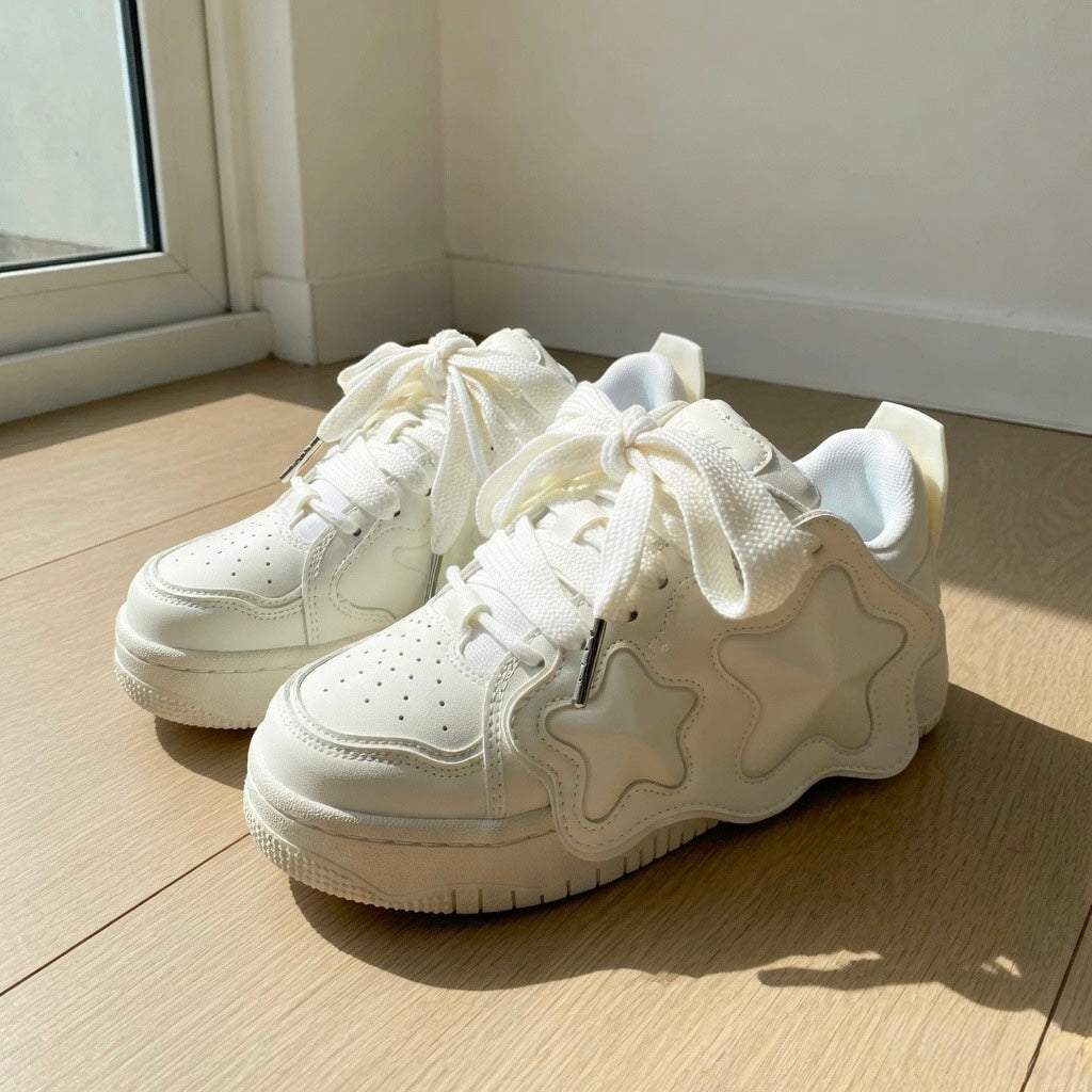 SoftSlipsy All White Star Sneakers – Minimal Y2K Streetwear Shoes – Clean Casual Trainers