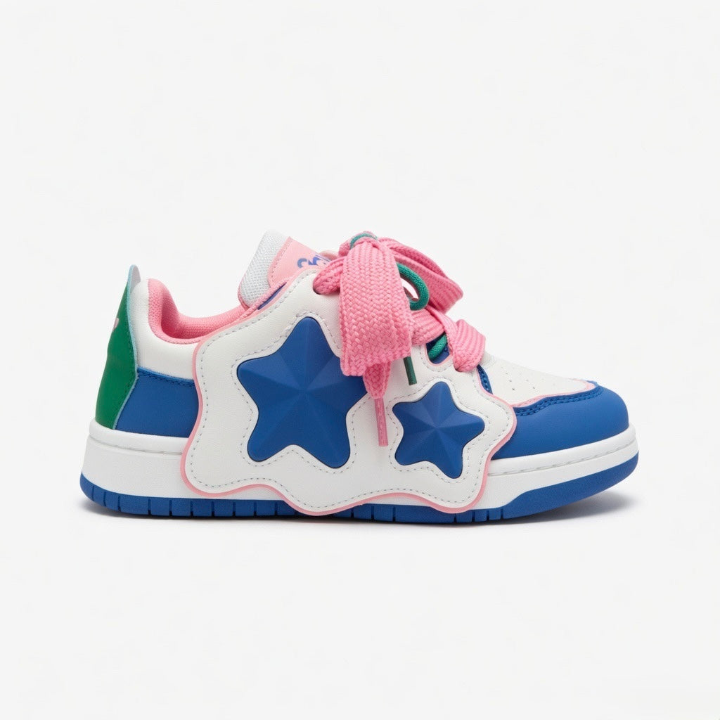 SoftSlipsy Color Block Star Sneakers – Blue Pink Y2K Streetwear Shoes – Casual Low Top Trainers