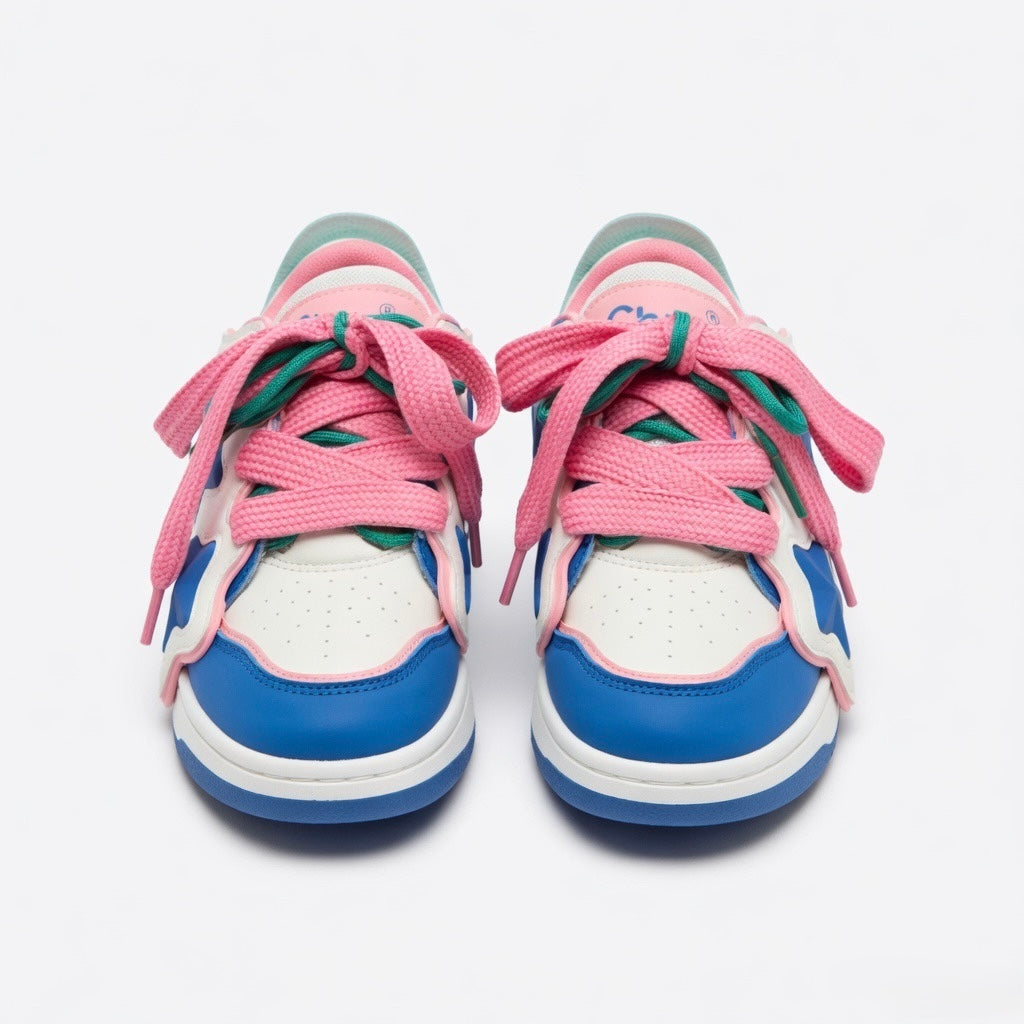 SoftSlipsy Color Block Star Sneakers – Blue Pink Y2K Streetwear Shoes – Casual Low Top Trainers
