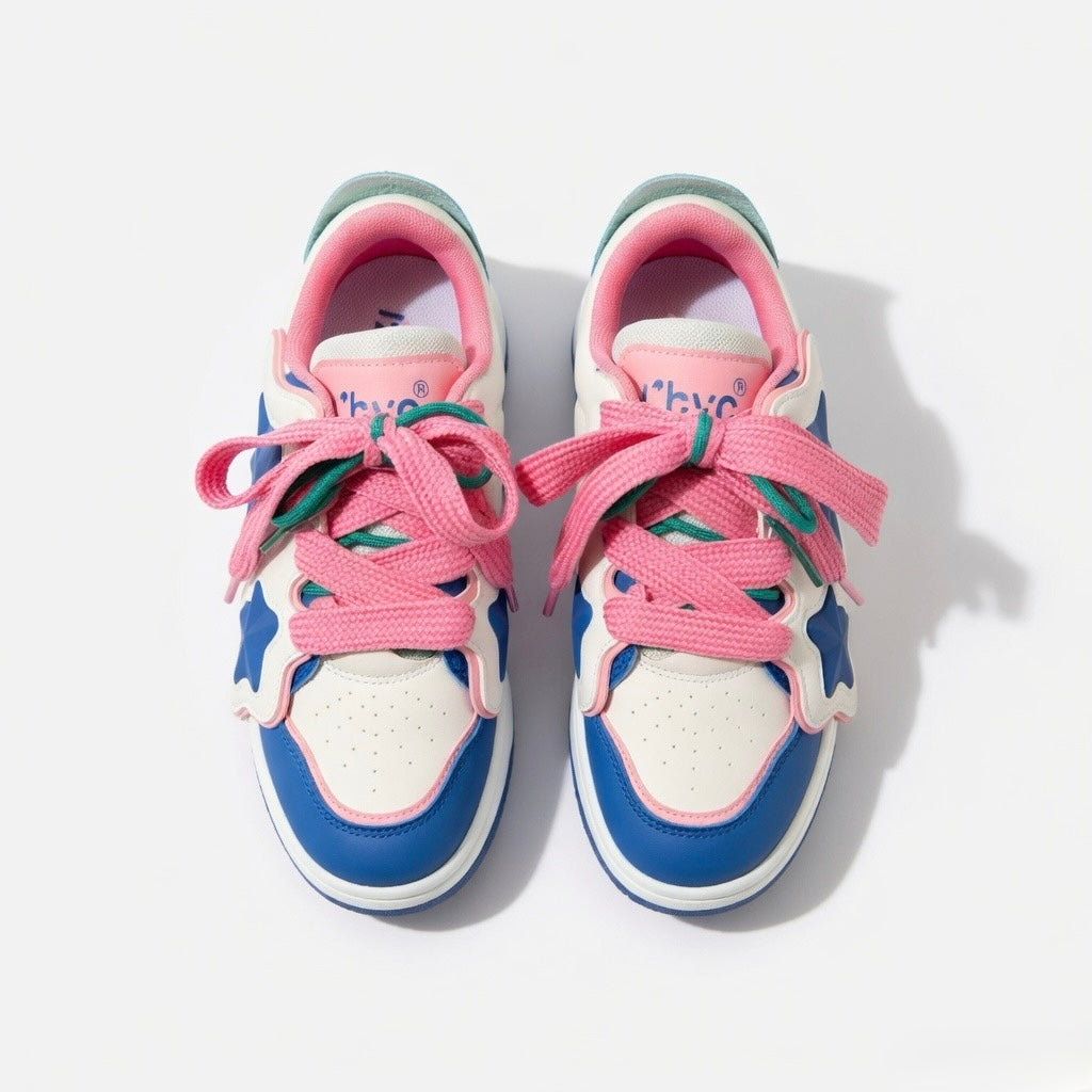 SoftSlipsy Color Block Star Sneakers – Blue Pink Y2K Streetwear Shoes – Casual Low Top Trainers