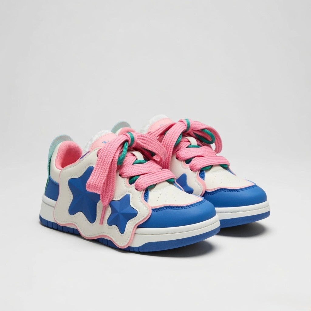 SoftSlipsy Color Block Star Sneakers – Blue Pink Y2K Streetwear Shoes – Casual Low Top Trainers