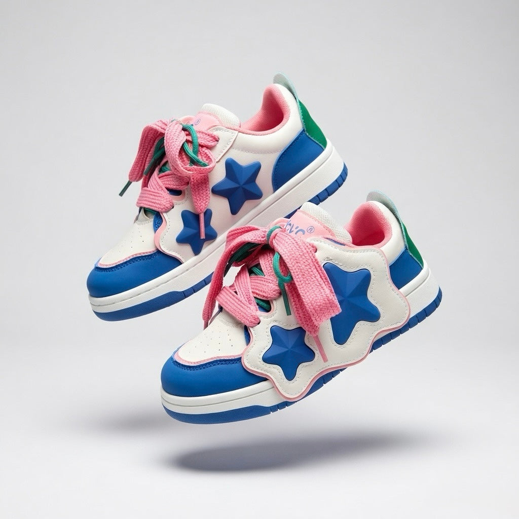 SoftSlipsy Color Block Star Sneakers – Blue Pink Y2K Streetwear Shoes – Casual Low Top Trainers