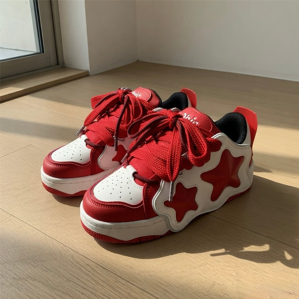 SoftSlipsy Red Star Sneakers – Red White Y2K Streetwear Shoes – Casual Low Top Trainers