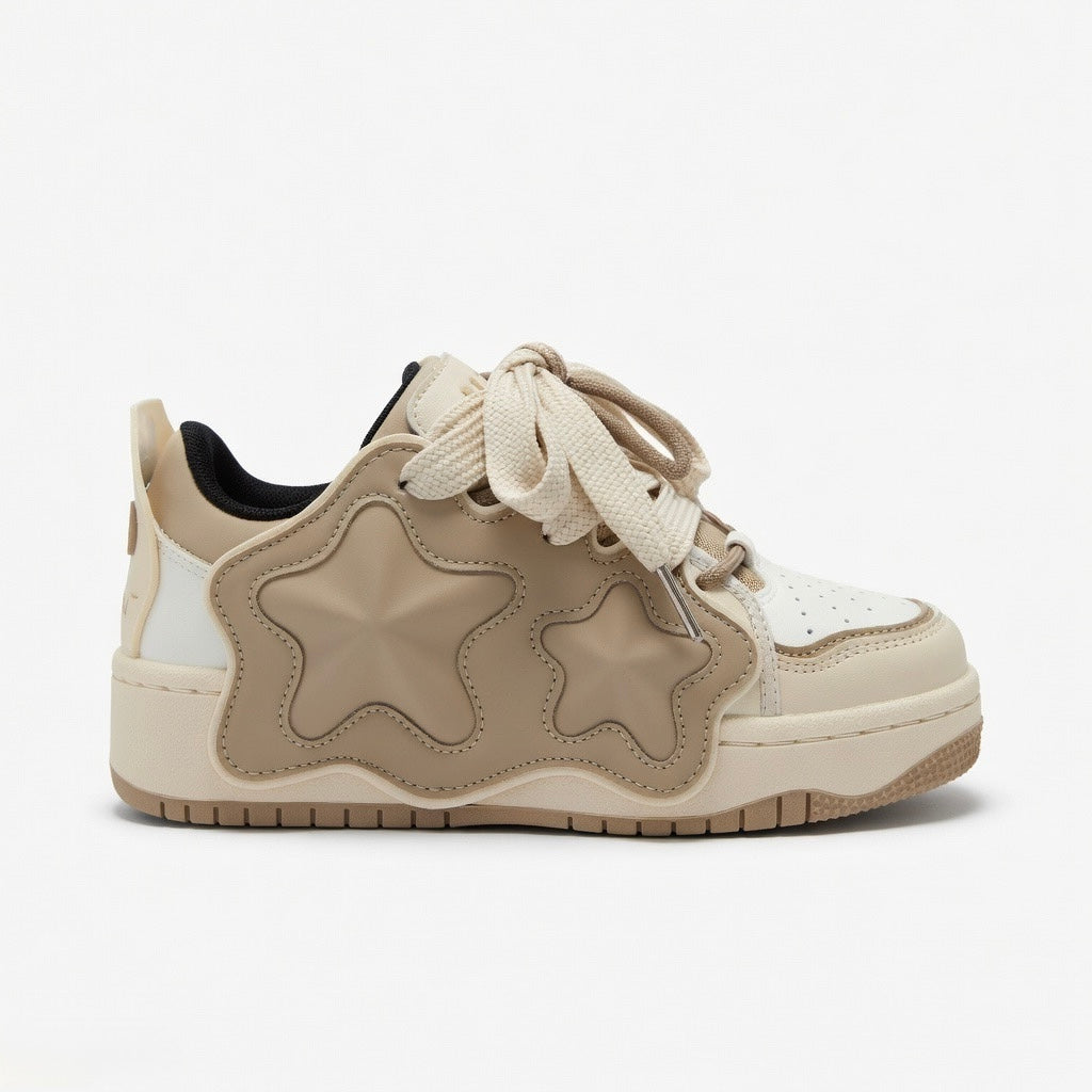 SoftSlipsy Beige Star Sneakers – Neutral Y2K Streetwear Shoes – Casual Low Top Trainers
