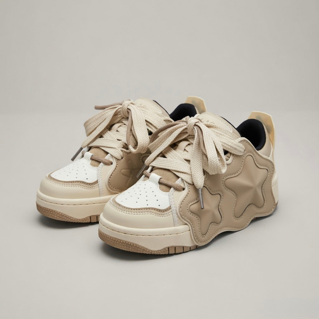 SoftSlipsy Beige Star Sneakers – Neutral Y2K Streetwear Shoes – Casual Low Top Trainers