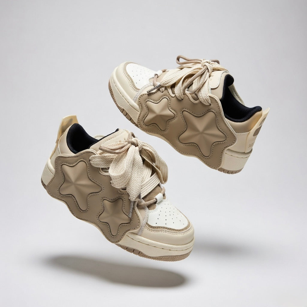 SoftSlipsy Beige Star Sneakers – Neutral Y2K Streetwear Shoes – Casual Low Top Trainers