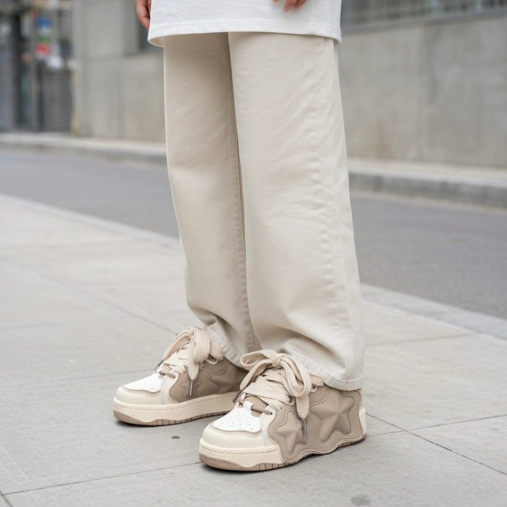 SoftSlipsy Beige Star Sneakers – Neutral Y2K Streetwear Shoes – Casual Low Top Trainers