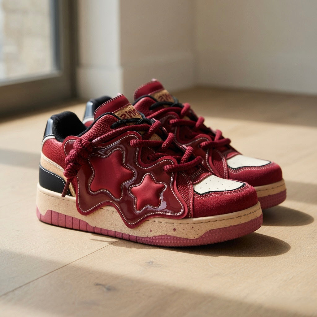 SoftSlipsy Burgundy Star Sneakers – Red Y2K Streetwear Shoes – Casual Low Top Trainers