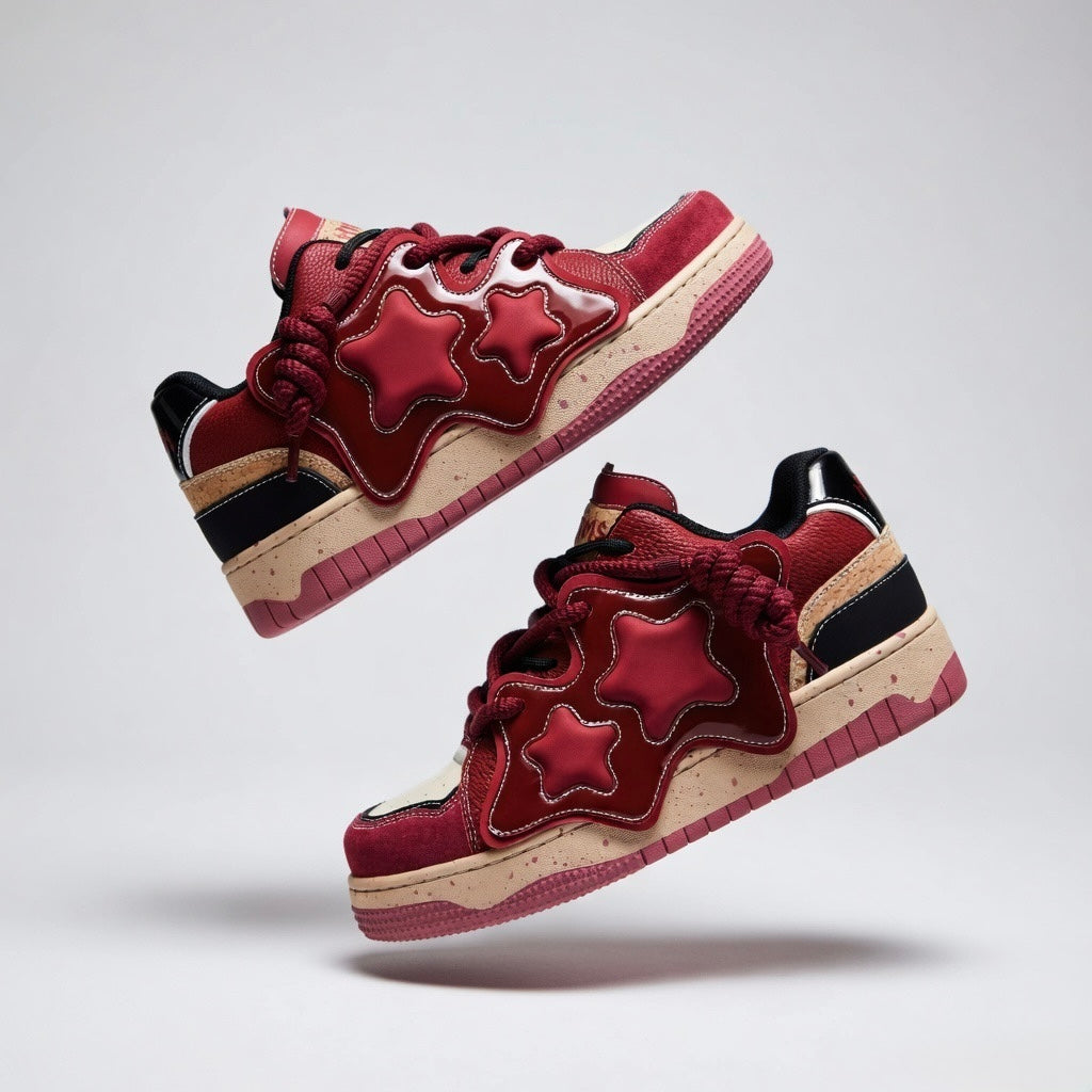 SoftSlipsy Burgundy Star Sneakers – Red Y2K Streetwear Shoes – Casual Low Top Trainers