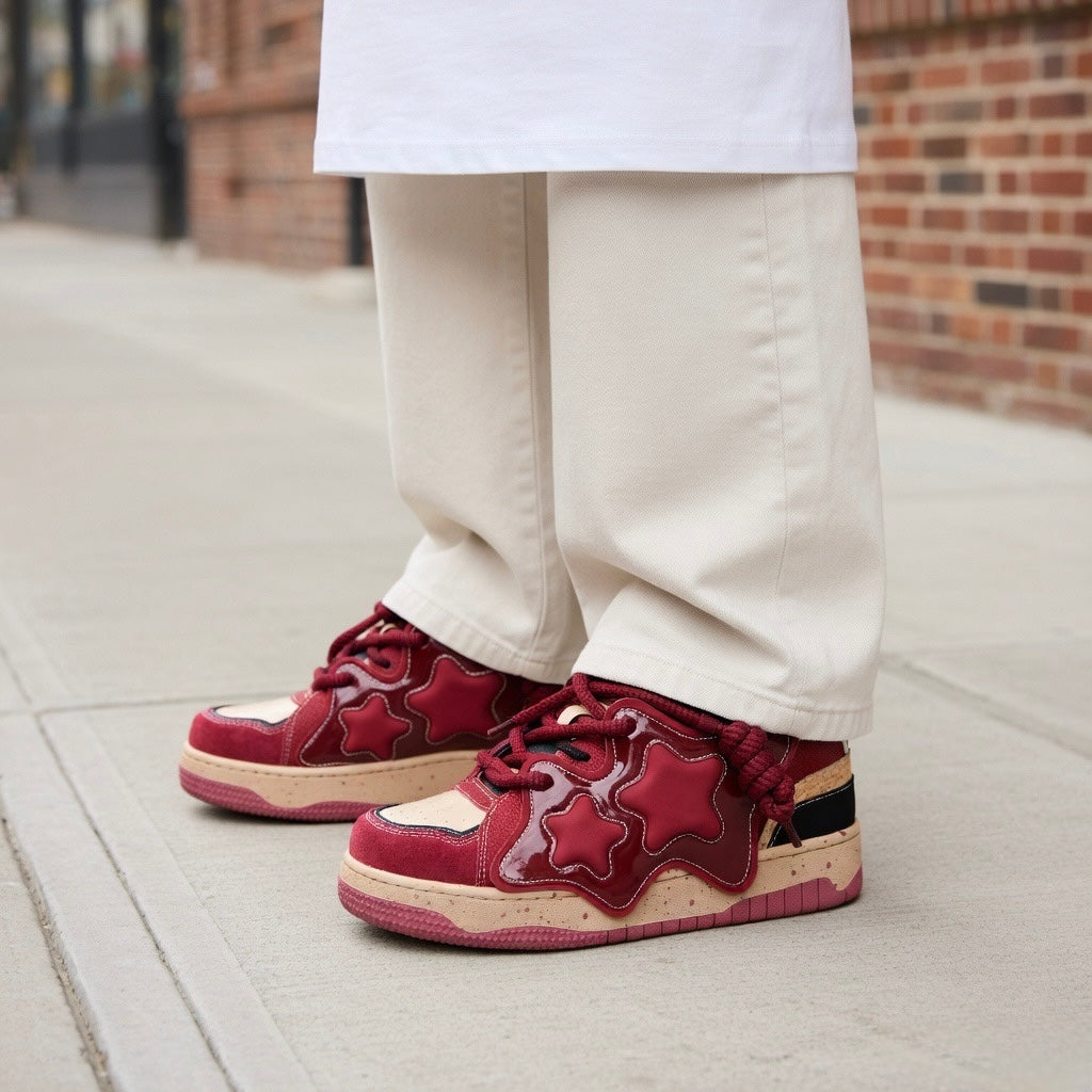SoftSlipsy Burgundy Star Sneakers – Red Y2K Streetwear Shoes – Casual Low Top Trainers