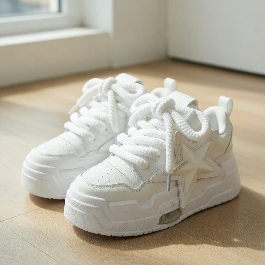 SoftSlipsy White Star Platform Sneakers – Chunky Y2K Streetwear Shoes – Height Boost Trainers