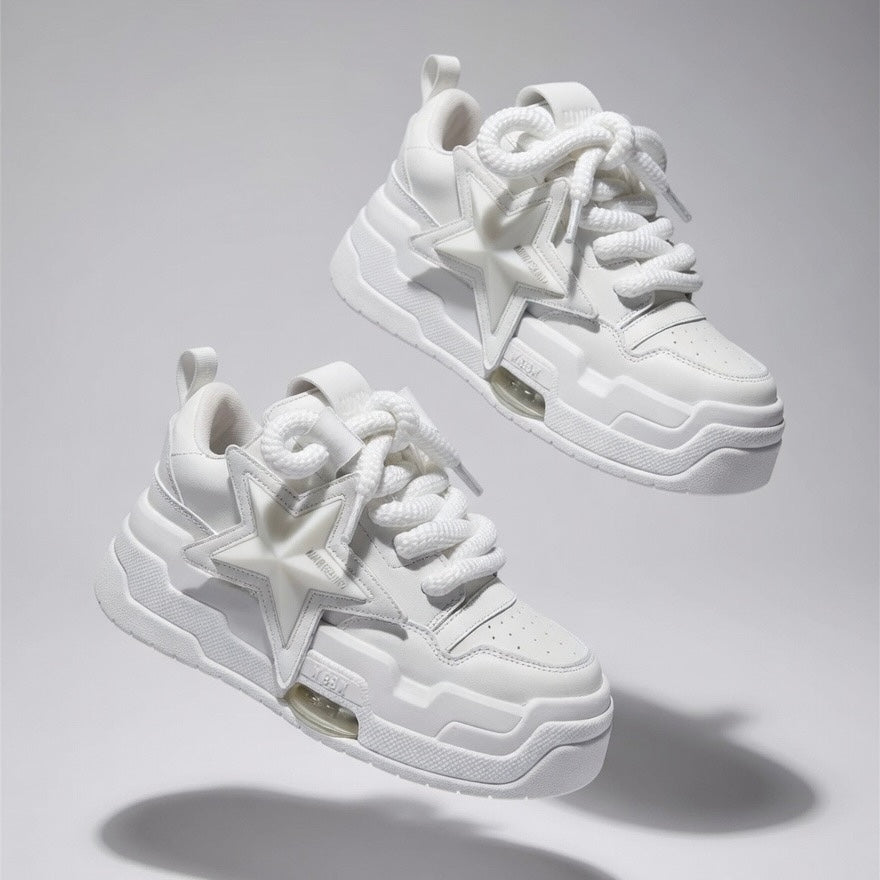 SoftSlipsy White Star Platform Sneakers – Chunky Y2K Streetwear Shoes – Height Boost Trainers