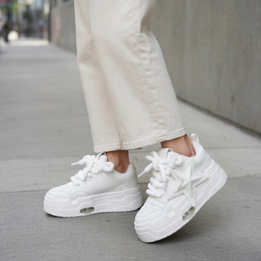 SoftSlipsy White Star Platform Sneakers – Chunky Y2K Streetwear Shoes – Height Boost Trainers
