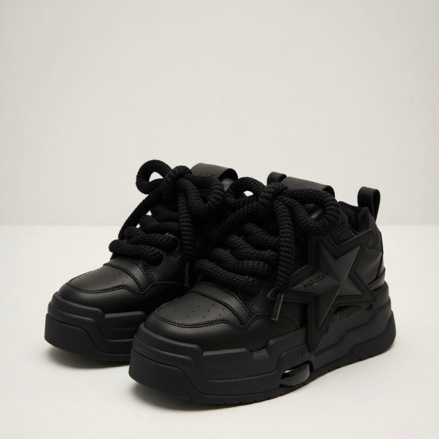 SoftSlipsy Black Star Platform Sneakers – All Black Chunky Y2K Streetwear Shoes – Height Boost Trainers