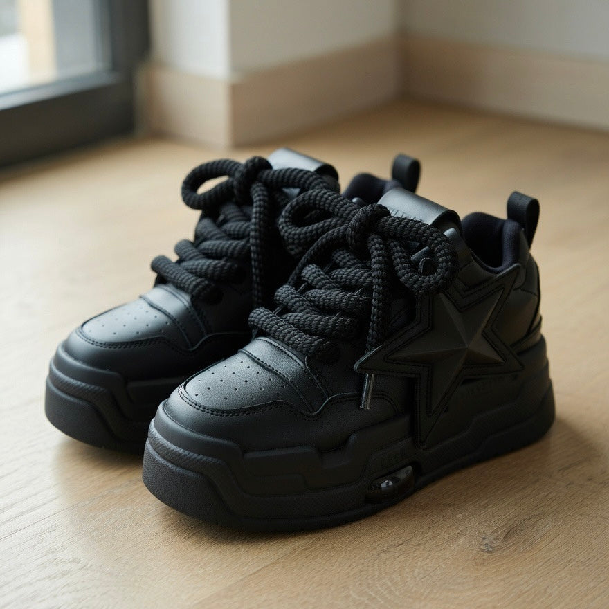 SoftSlipsy Black Star Platform Sneakers – All Black Chunky Y2K Streetwear Shoes – Height Boost Trainers
