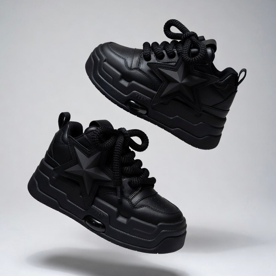 SoftSlipsy Black Star Platform Sneakers – All Black Chunky Y2K Streetwear Shoes – Height Boost Trainers