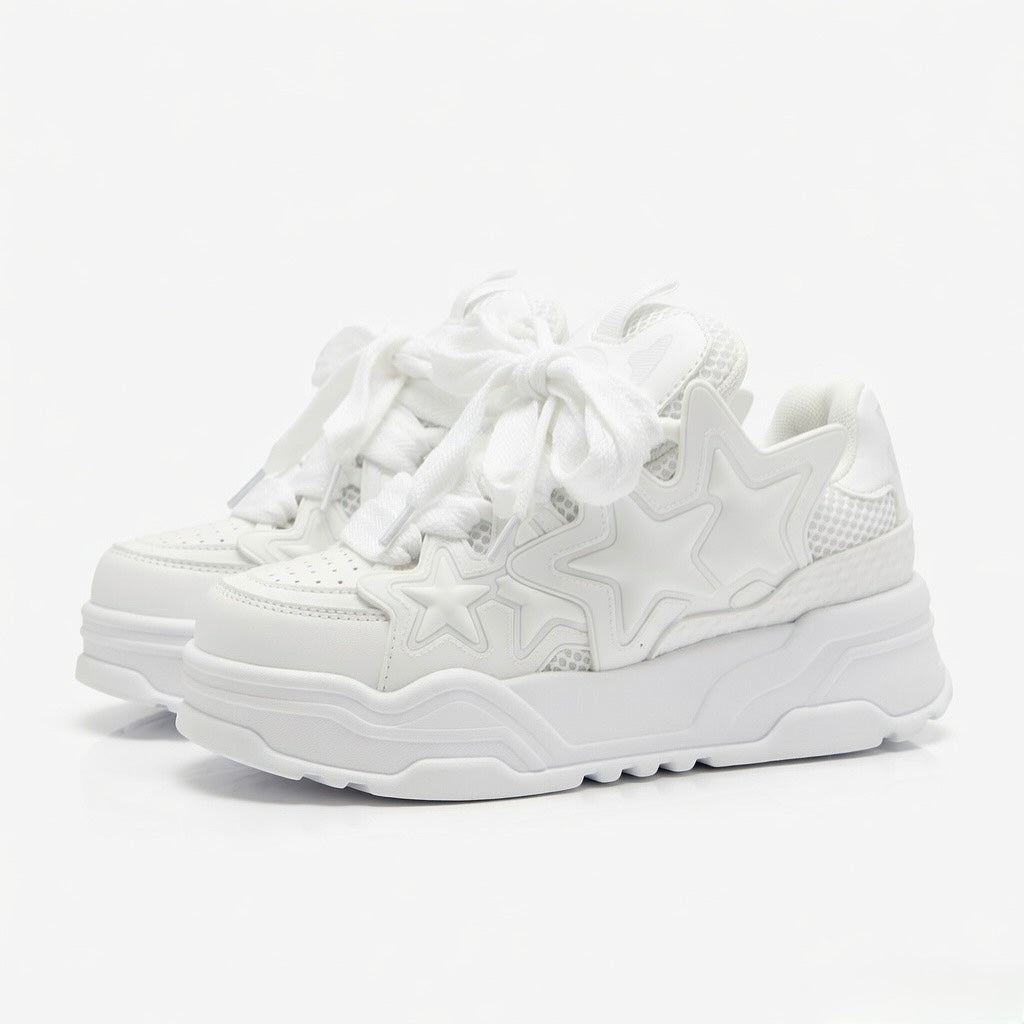 SoftSlipsy White Star Platform Sneakers – Chunky Y2K Streetwear Shoes – Height Boost Trainers