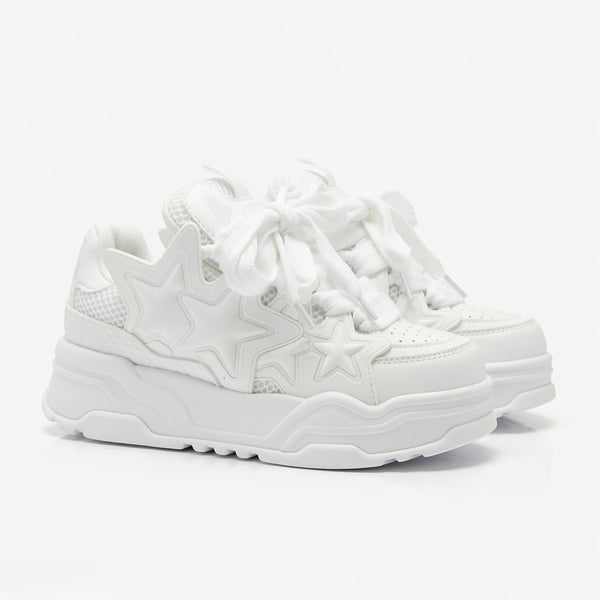 SoftSlipsy White Chunky Star Sneakers – Platform Y2K Streetwear Shoes – All White Trainers