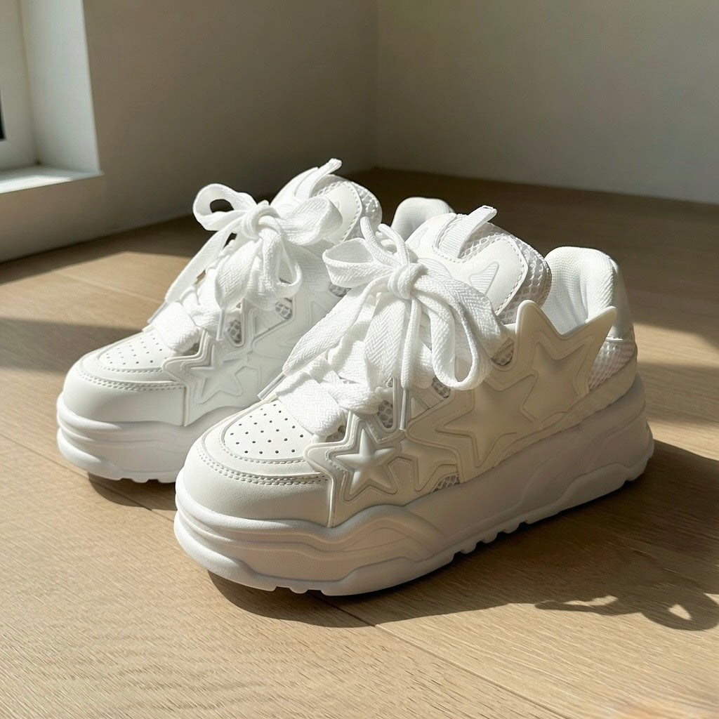SoftSlipsy White Chunky Star Sneakers – Platform Y2K Streetwear Shoes – All White Trainers