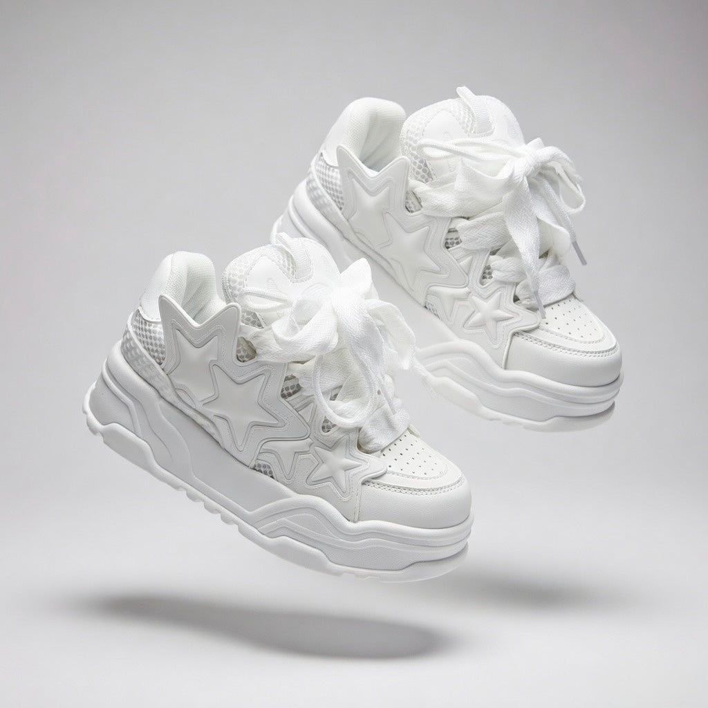 SoftSlipsy White Chunky Star Sneakers – Platform Y2K Streetwear Shoes – All White Trainers