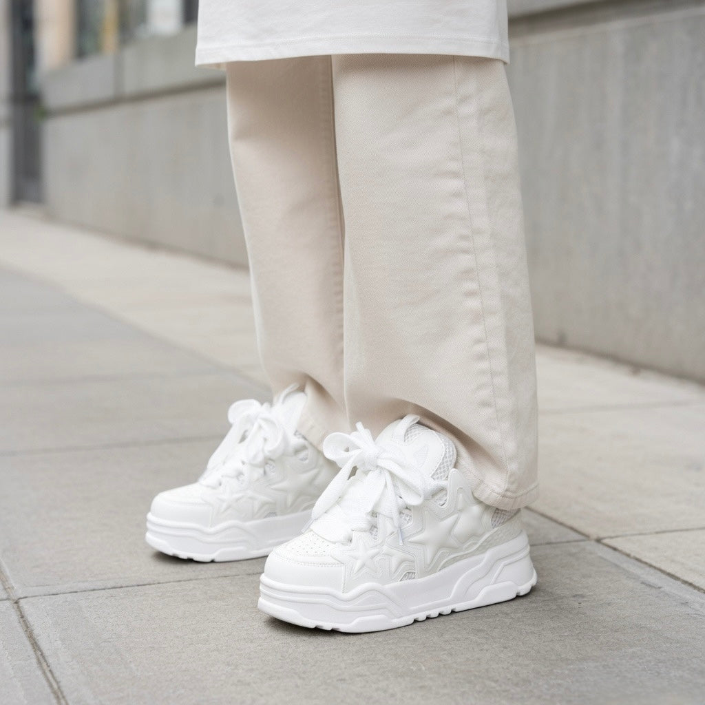 SoftSlipsy White Chunky Star Sneakers – Platform Y2K Streetwear Shoes – All White Trainers