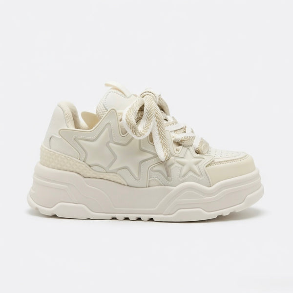 SoftSlipsy Cream Star Platform Sneakers – Neutral Chunky Y2K Streetwear Trainers – Height Boost Shoes
