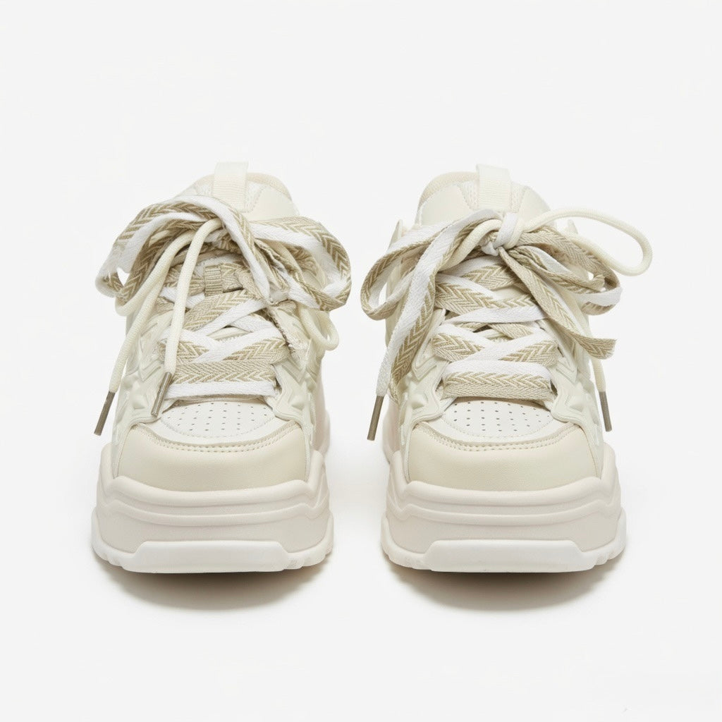 SoftSlipsy Cream Star Platform Sneakers – Neutral Chunky Y2K Streetwear Trainers – Height Boost Shoes