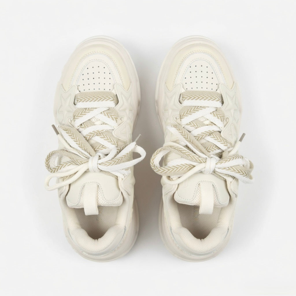 SoftSlipsy Cream Star Platform Sneakers – Neutral Chunky Y2K Streetwear Trainers – Height Boost Shoes