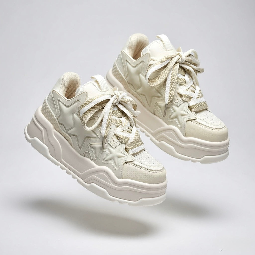 SoftSlipsy Cream Star Platform Sneakers – Neutral Chunky Y2K Streetwear Trainers – Height Boost Shoes