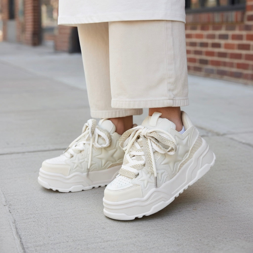 SoftSlipsy Cream Star Platform Sneakers – Neutral Chunky Y2K Streetwear Trainers – Height Boost Shoes