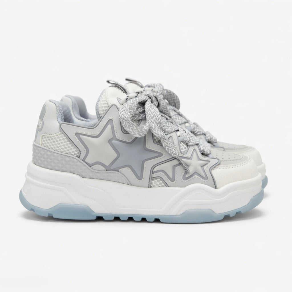 SoftSlipsy Ice Blue Star Platform Sneakers – Chunky Y2K Streetwear Trainers – Height Boost Sneakers
